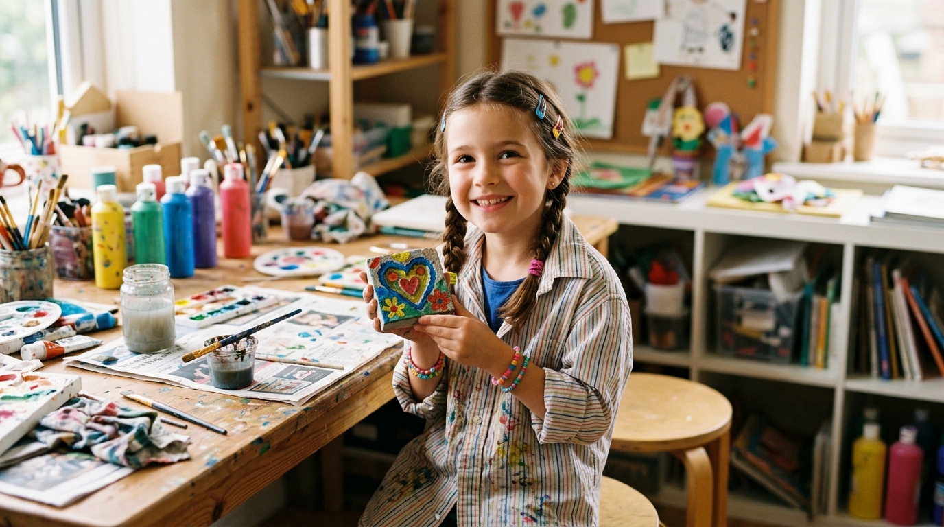 Child showing off finished artwork
